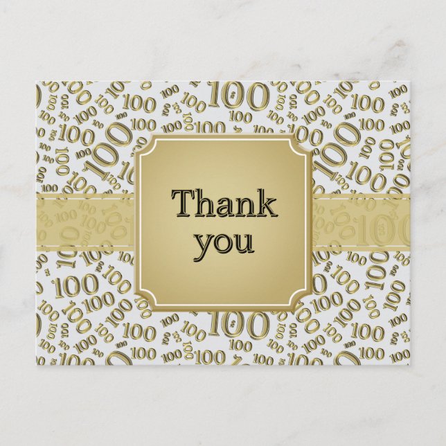 Thank You 100th Birthday Number Pattern Gold/White Postcard (Front)