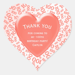 Thank You - 100th Coral/White Number Pattern Heart Sticker