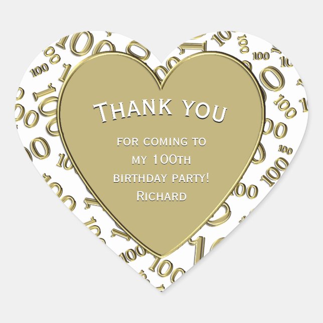 Thank You - 100th Gold/White Number Pattern Heart Sticker (Front)
