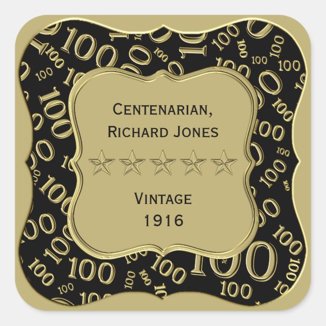 Thank you: 100th Number Pattern Gold/Black Bracket Square Sticker (Front)