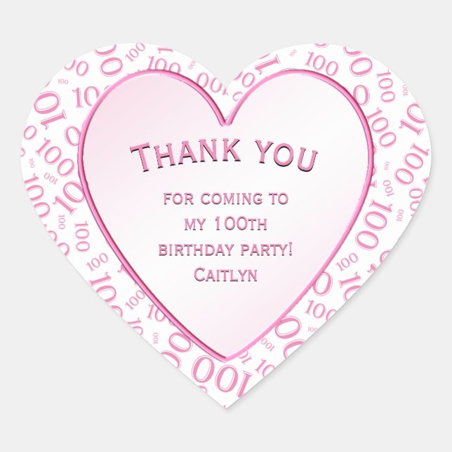Thank You - 100th Pink/White Number Pattern Heart Sticker (Front)