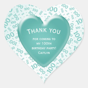 Thank You - 100th Teal/White Number Pattern Heart Sticker