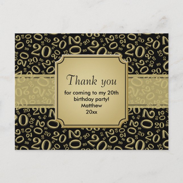 Thank You 20th Birthday Number Pattern Black/Gold Postcard (Front)