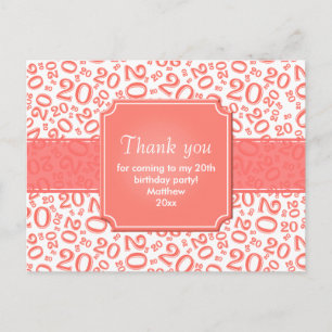 Thank You 20th Birthday Number Pattern Coral/White Postcard