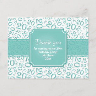 Thank You 20th Birthday Number Pattern Teal/White Postcard