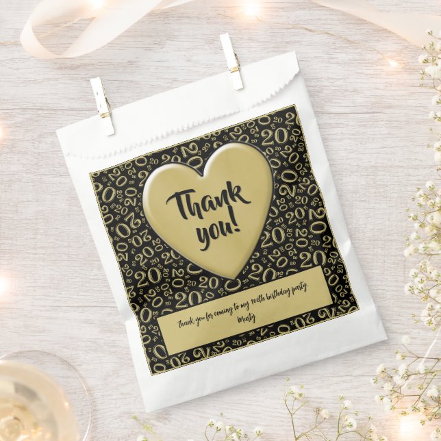 Thank You 20th Random Number Pattern Black/Gold Favour Bag (Clipped)