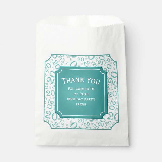 Thank you: 20th Random Number Pattern Teal 20 Favour Bag (Front)