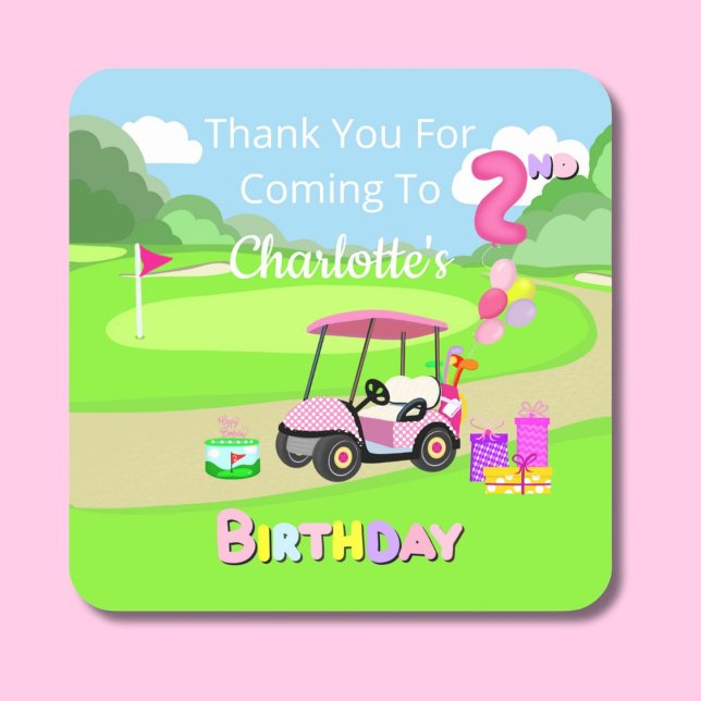 Thank You 2nd Birthday Polka Dot Pink Girly Golf  Square Sticker (Creator Uploaded)