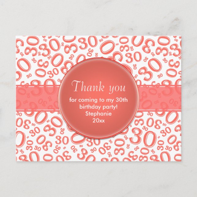 Thank You 30 Random Number Pattern Coral/White Postcard (Front)