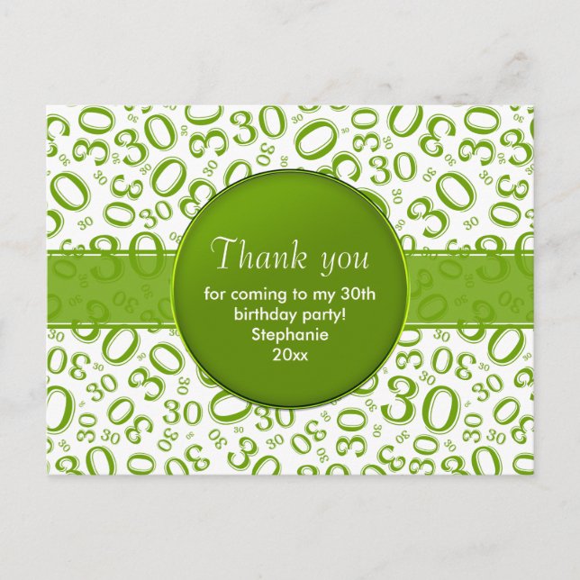 Thank You 30 Random Number Pattern Green/White Postcard (Front)