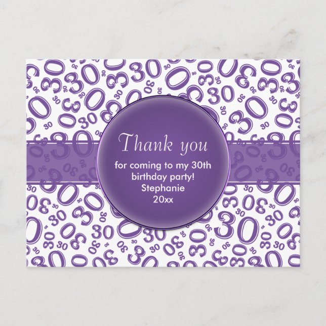 Thank You 30 Random Number Pattern Purple/White Postcard (Front)