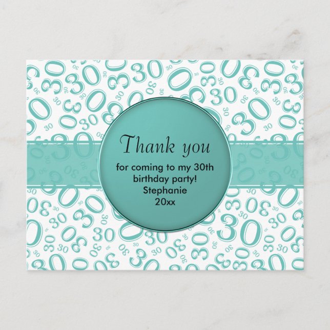 Thank You 30 Random Number Pattern Teal/White Postcard (Front)