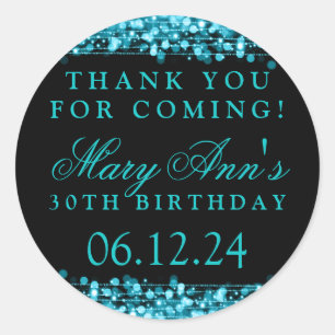 Thank You 30th Birthday Party Sparkles Turquoise Classic Round Sticker