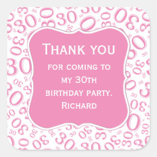 Thank you: 30th Birthday Pink/White Pattern Square Sticker
