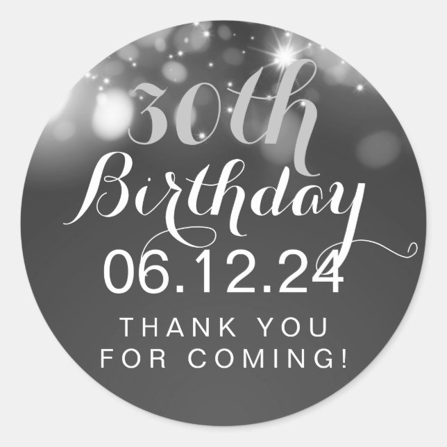 Thank You 30th Birthday Silver Sparkling Lights Classic Round Sticker (Front)
