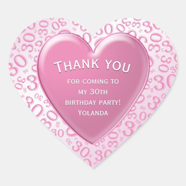 Thank you - 30th Pattern Pink and White Heart Sticker (Front)