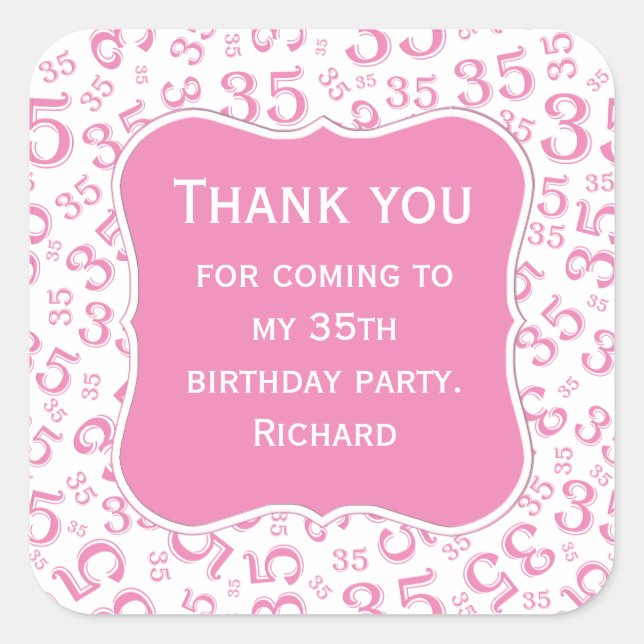 Thank you: 35th Birthday Pink/White Pattern Square Sticker (Front)
