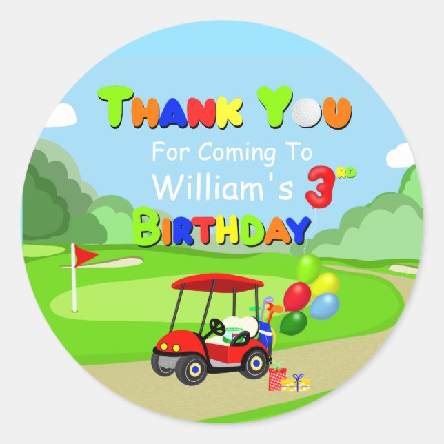Thank You 3rd Birthday Red Golf Cart Boy's Classic Round Sticker (Front)