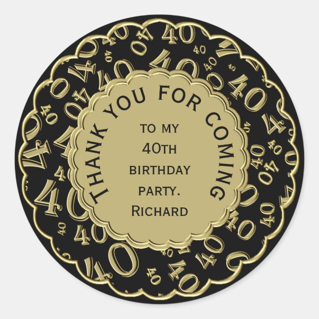 Thank You 40 Number Pattern Black and Gold Classic Round Sticker (Front)