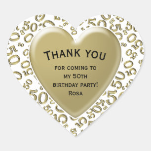 Thank you: 50 Number Pattern White and Gold Heart Sticker