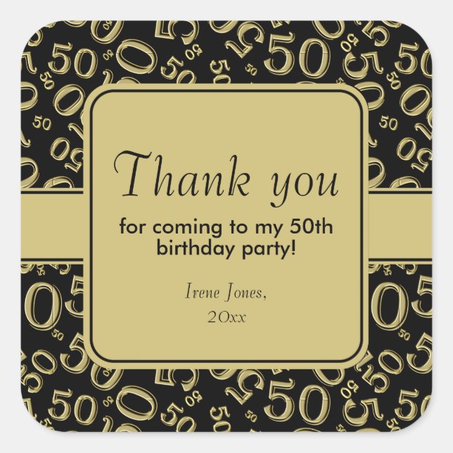 Thank You 50th Birthday Number Pattern Gold/Black Square Sticker (Front)
