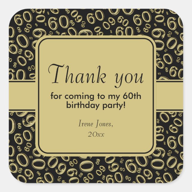 Thank You 60th Birthday Number Pattern Black/Gold Square Sticker (Front)