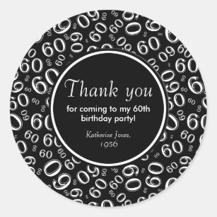 Thank You 60th Birthday Number Pattern Black/White Classic Round Sticker
