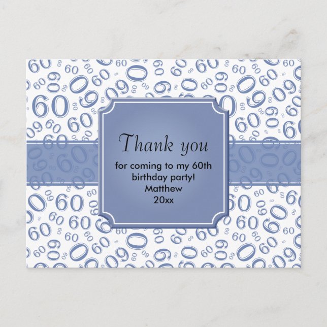 Thank You: 60th Birthday Number Pattern Blue/White Postcard (Front)