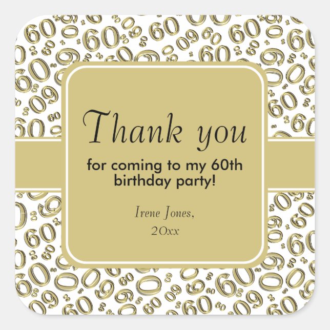 Thank You 60th Birthday Number Pattern Gold/White Square Sticker (Front)