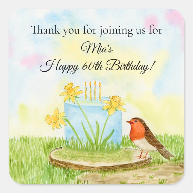 Thank You 60th Birthday Robin with Daffodil Cake Square Sticker (Front)