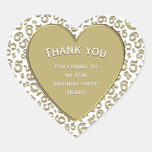 Thank you - 65th Birthday Gold and White Heart Heart Sticker (Front)
