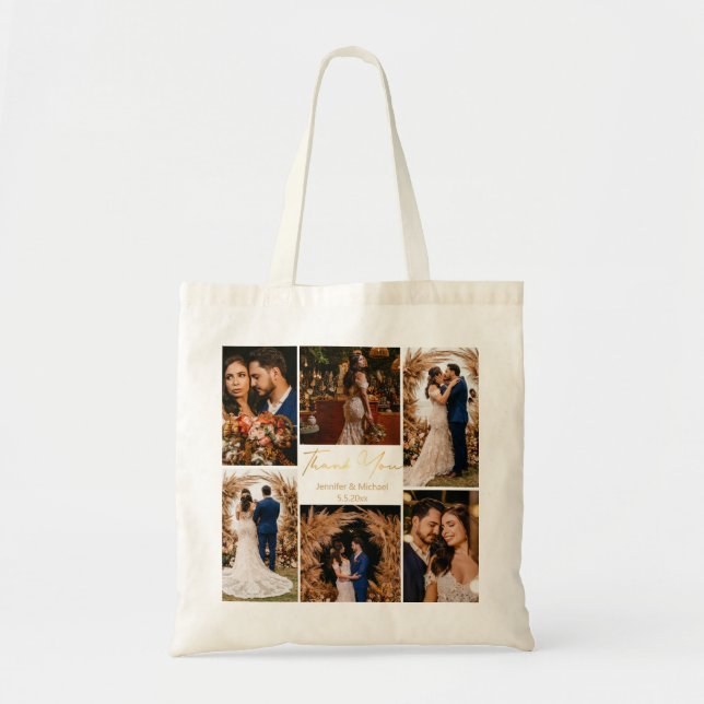  thank you 6 photos collage gold script wedding tote bag (Front)