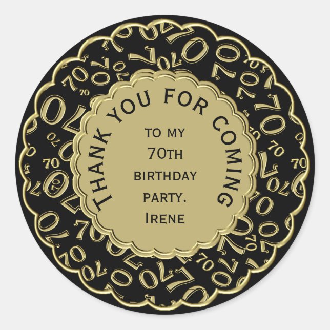 Thank You 70th Birthday Black and Gold Theme Classic Round Sticker (Front)