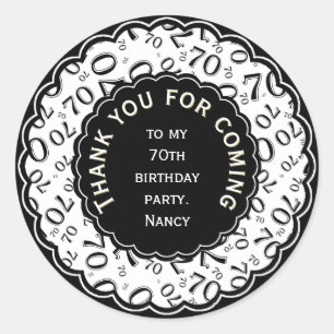 Thank You 70th Birthday Number Pattern Black/White Classic Round Sticker