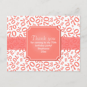 Thank You 70th Birthday Number Pattern Coral/White Postcard