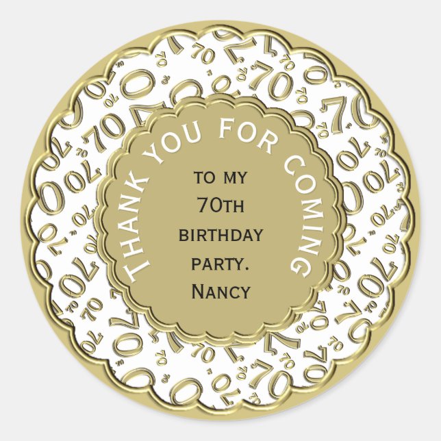 Thank You 70th Birthday Number Pattern Gold/White Classic Round Sticker (Front)