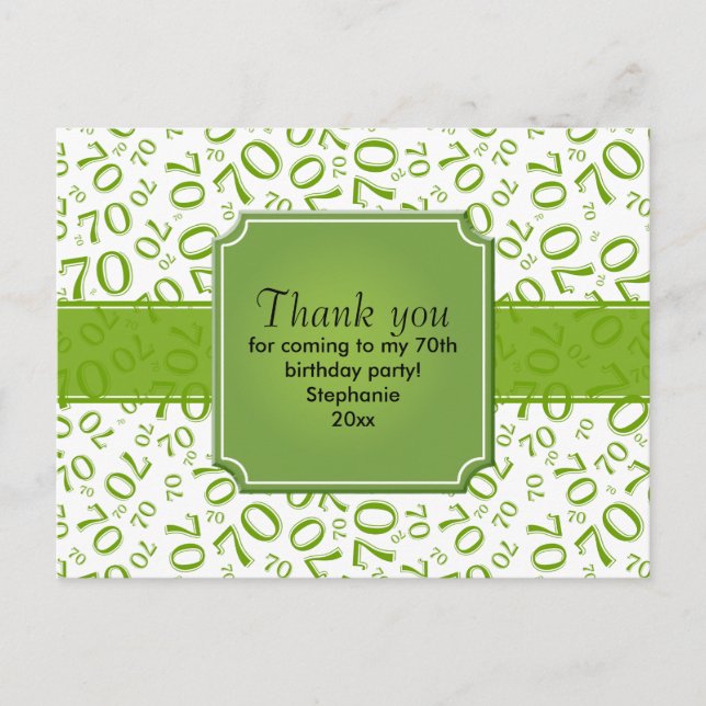Thank You 70th Birthday Number Pattern Green/White Postcard (Front)