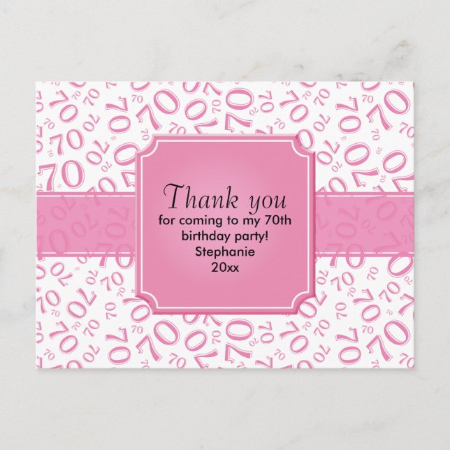 Thank You: 70th Birthday Number Pattern Pink/White Postcard (Front)