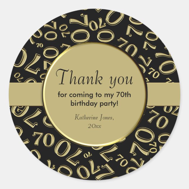 Thank You:  70th Number Pattern Gold and Black Classic Round Sticker (Front)