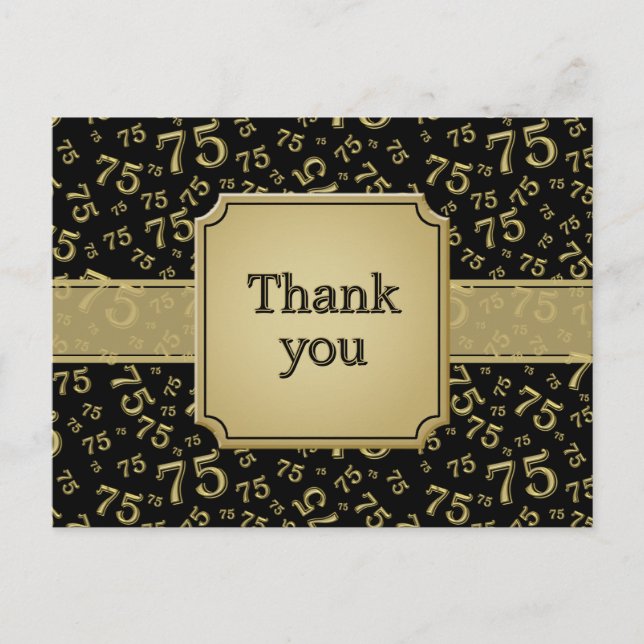 Thank You 75 Number Pattern Gold/Black Postcard (Front)