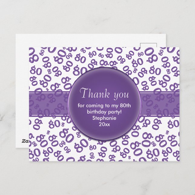 Thank  You 80 Purple/White Birthday Number Pattern Postcard (Front/Back)