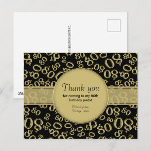 Thank You: 80th Black/Gold Birthday Number Pattern Postcard