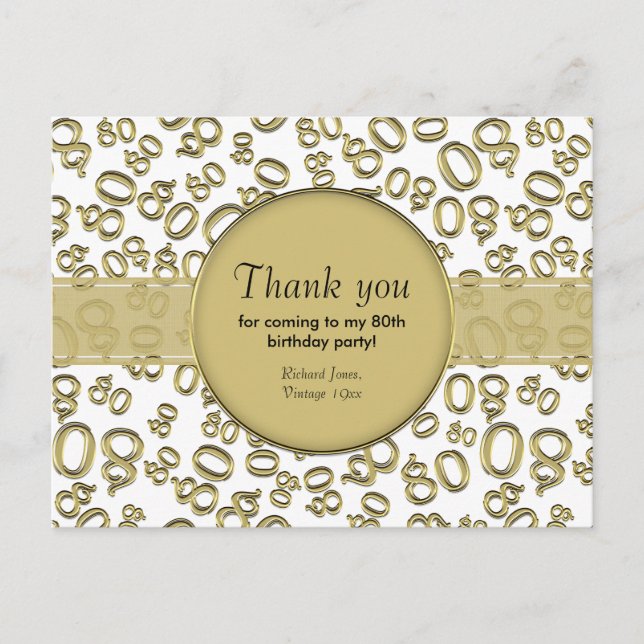 Thank You: 80th Gold/White Birthday Number Pattern Postcard (Front)