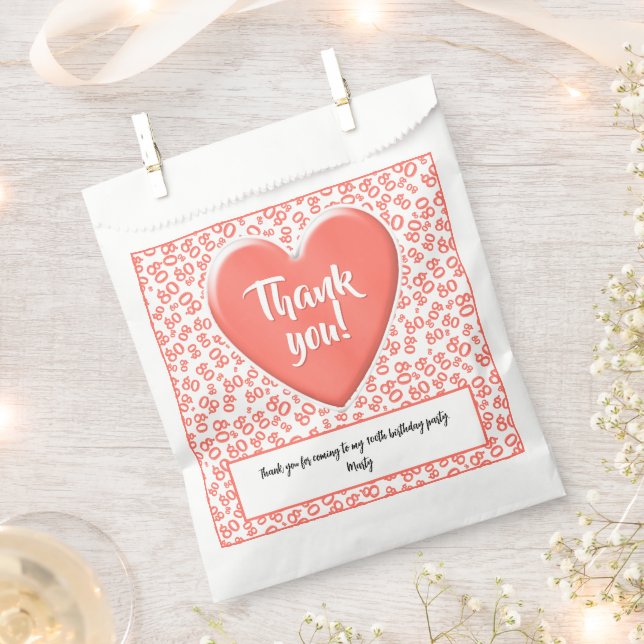 Thank You 80th Random Number Pattern Coral/White Favour Bag (Clipped)