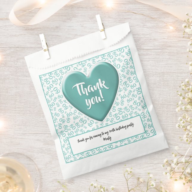 Thank You 80th Random Number Pattern Teal/White Favour Bag (Clipped)