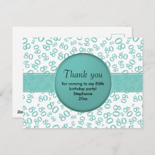 Thank You: 80th Teal/White Birthday Number Pattern Postcard