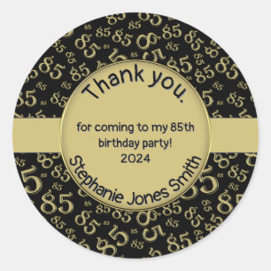 Thank You: 85th Birthday Blac/Gold Number Pattern Classic Round Sticker