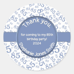 Thank You: 85th Birthday Blue/White Number Pattern Classic Round Sticker
