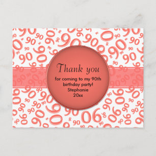 Thank You: 90 Coral/White Birthday Number Pattern Postcard