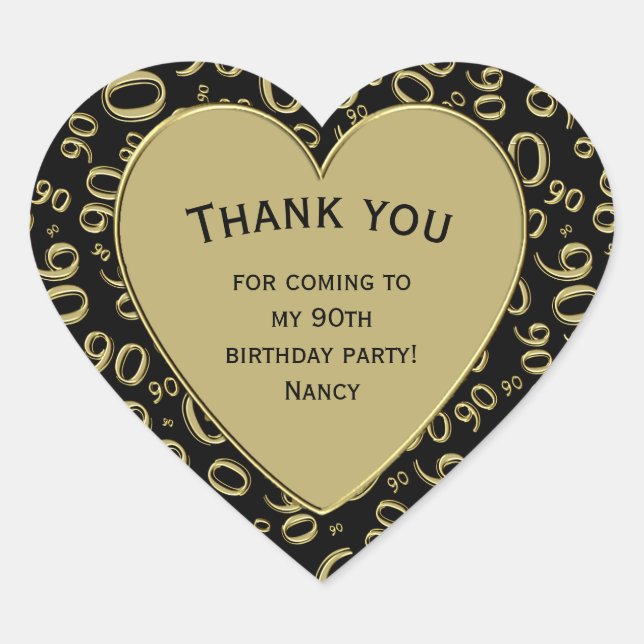 Thank you - 90th Birthday Black and Gold Heart Heart Sticker (Front)